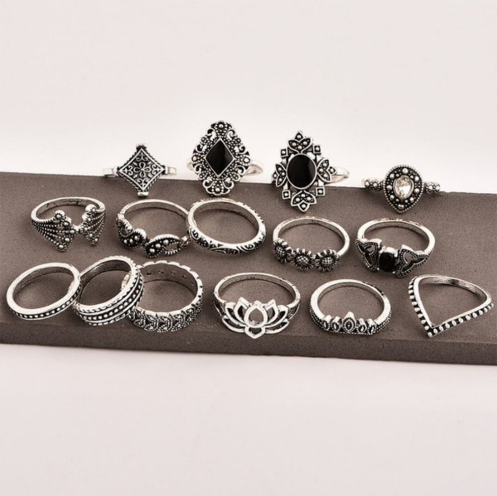 15 piece silver boho ring set - Picture 2 of 3